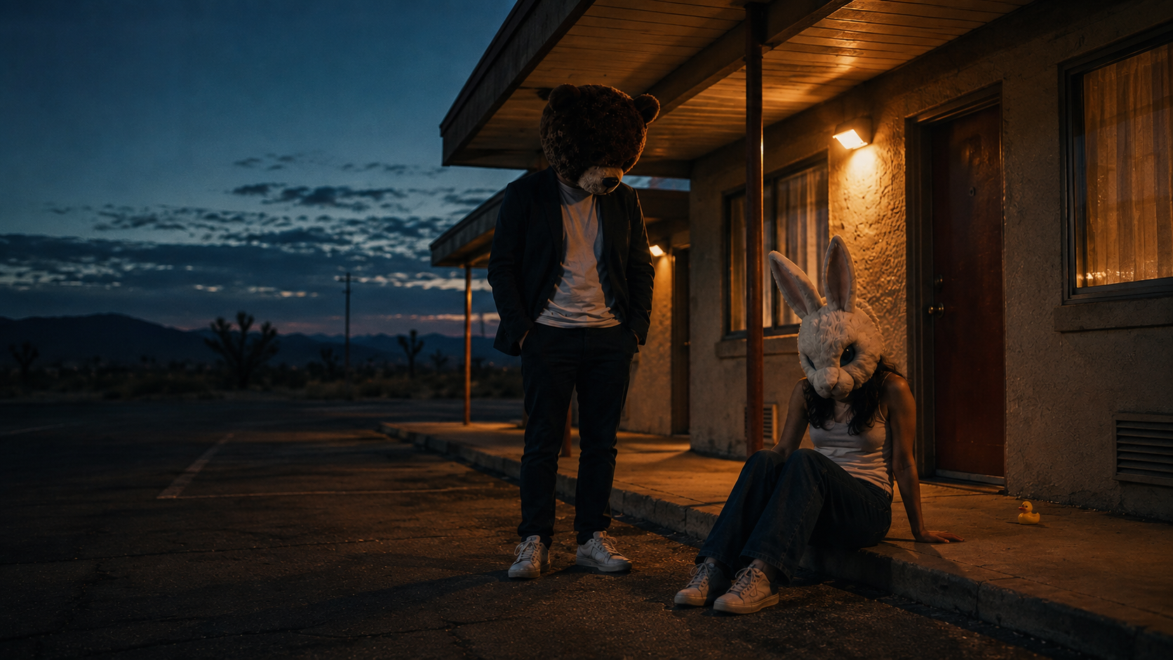 DOME. and Emy outside a California roadside motel at blue hour